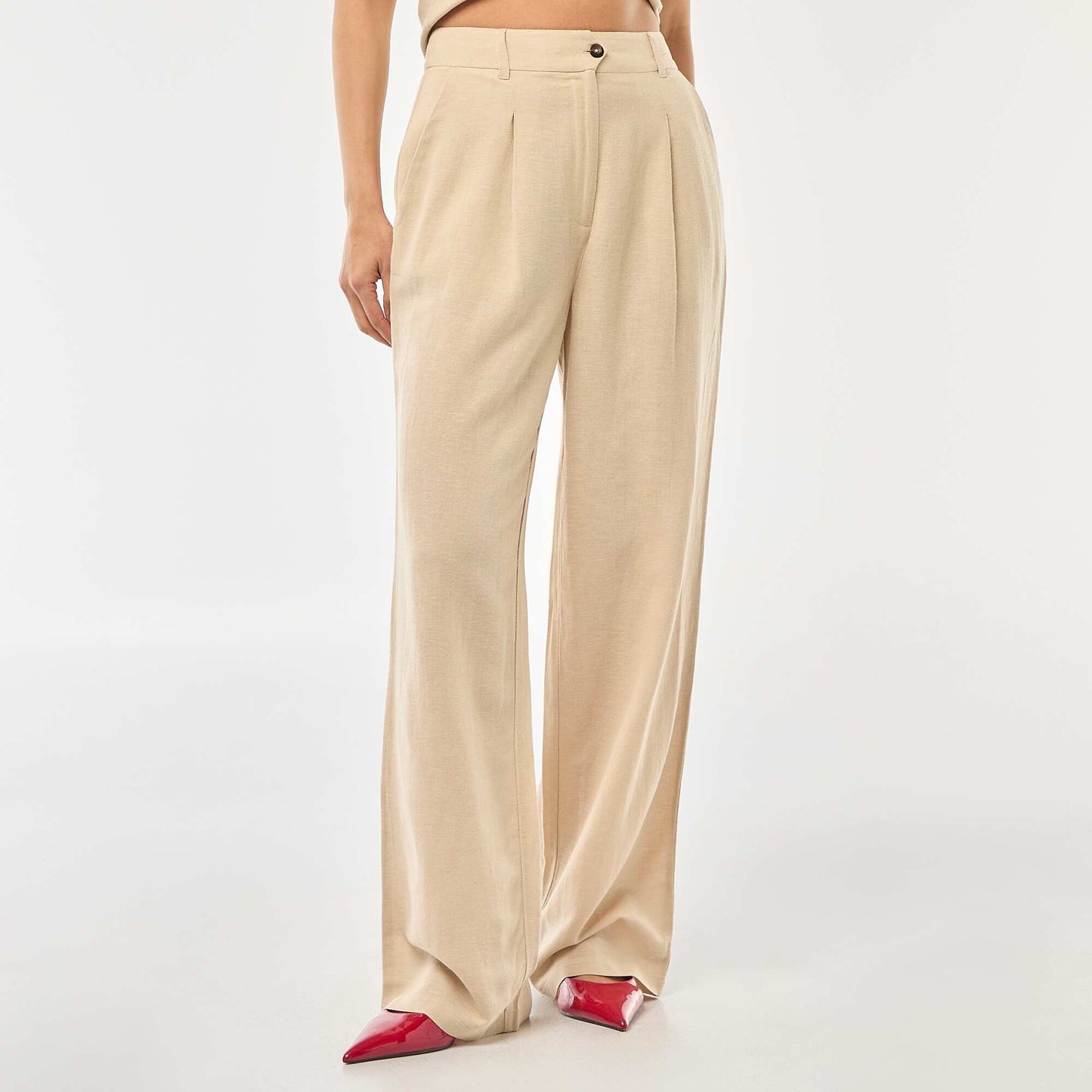 Pantalon tailleur large en coton et lin uni BEIGE