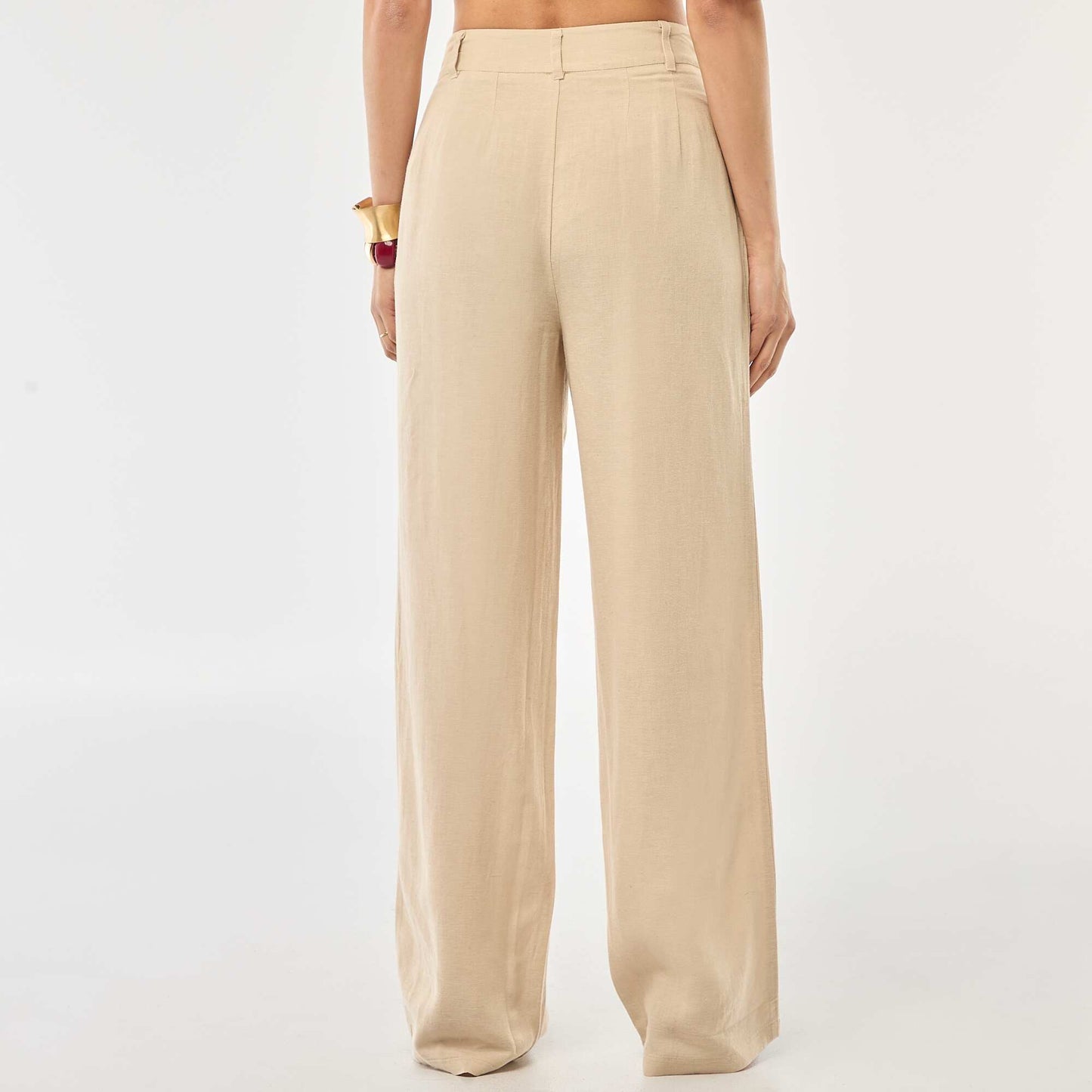 Pantalon tailleur large en coton et lin uni BEIGE