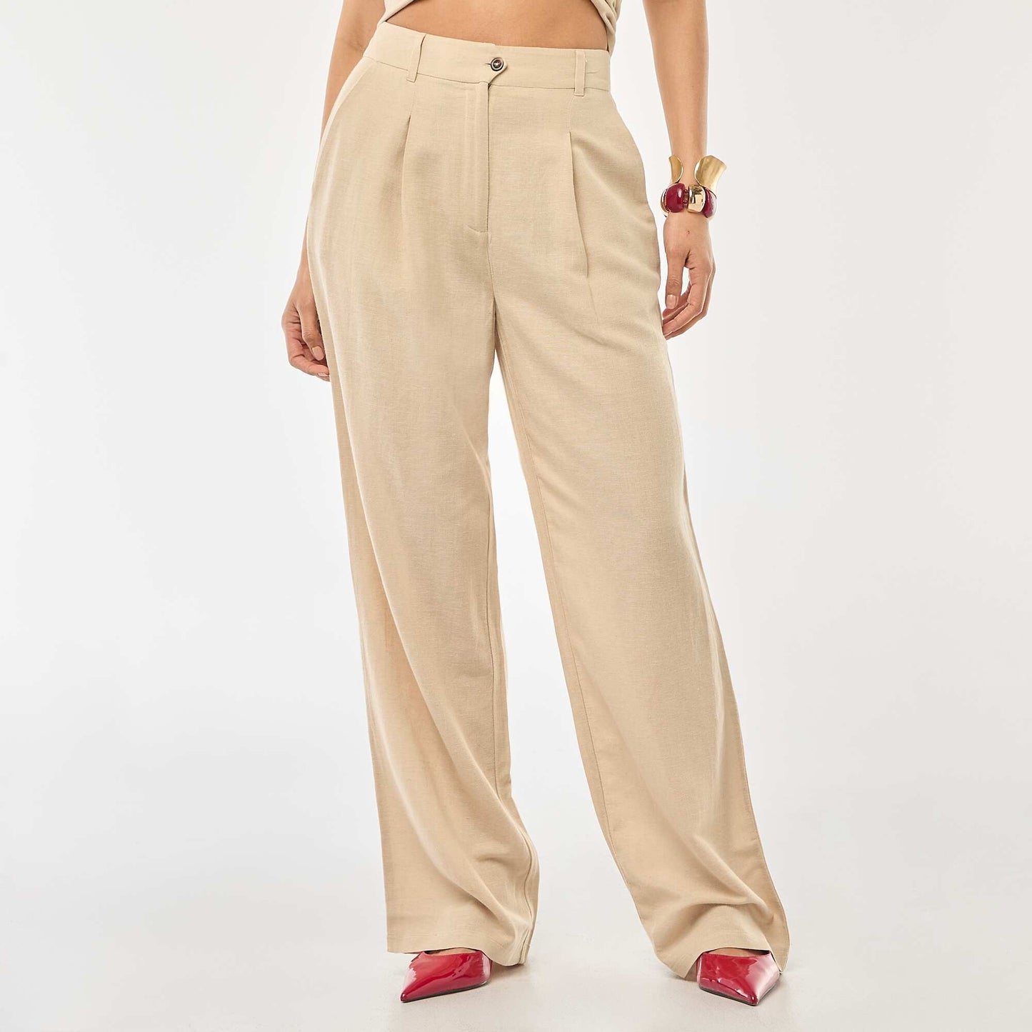 Pantalon tailleur large en coton et lin uni BEIGE