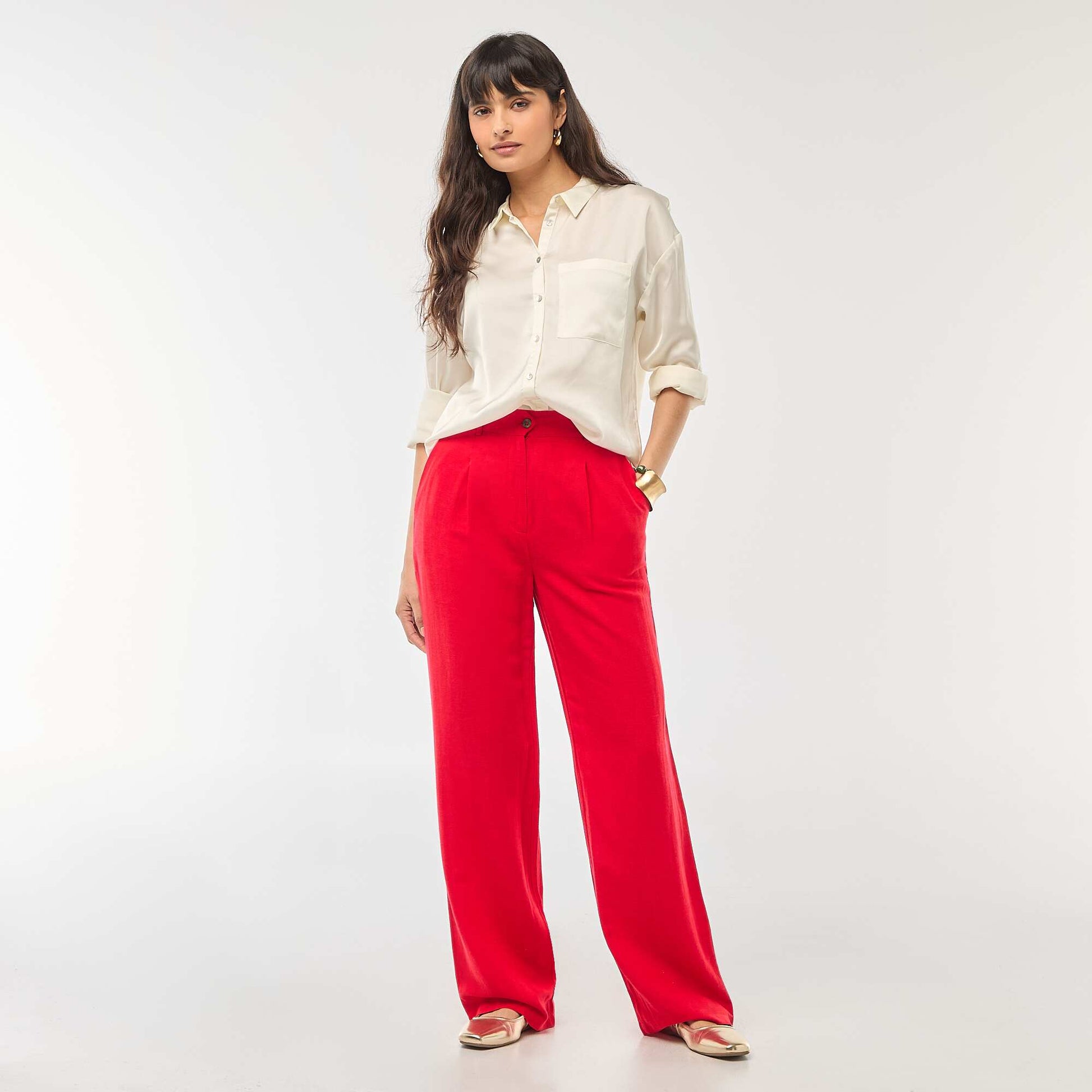 Pantalon tailleur large en coton et lin uni ROUGE