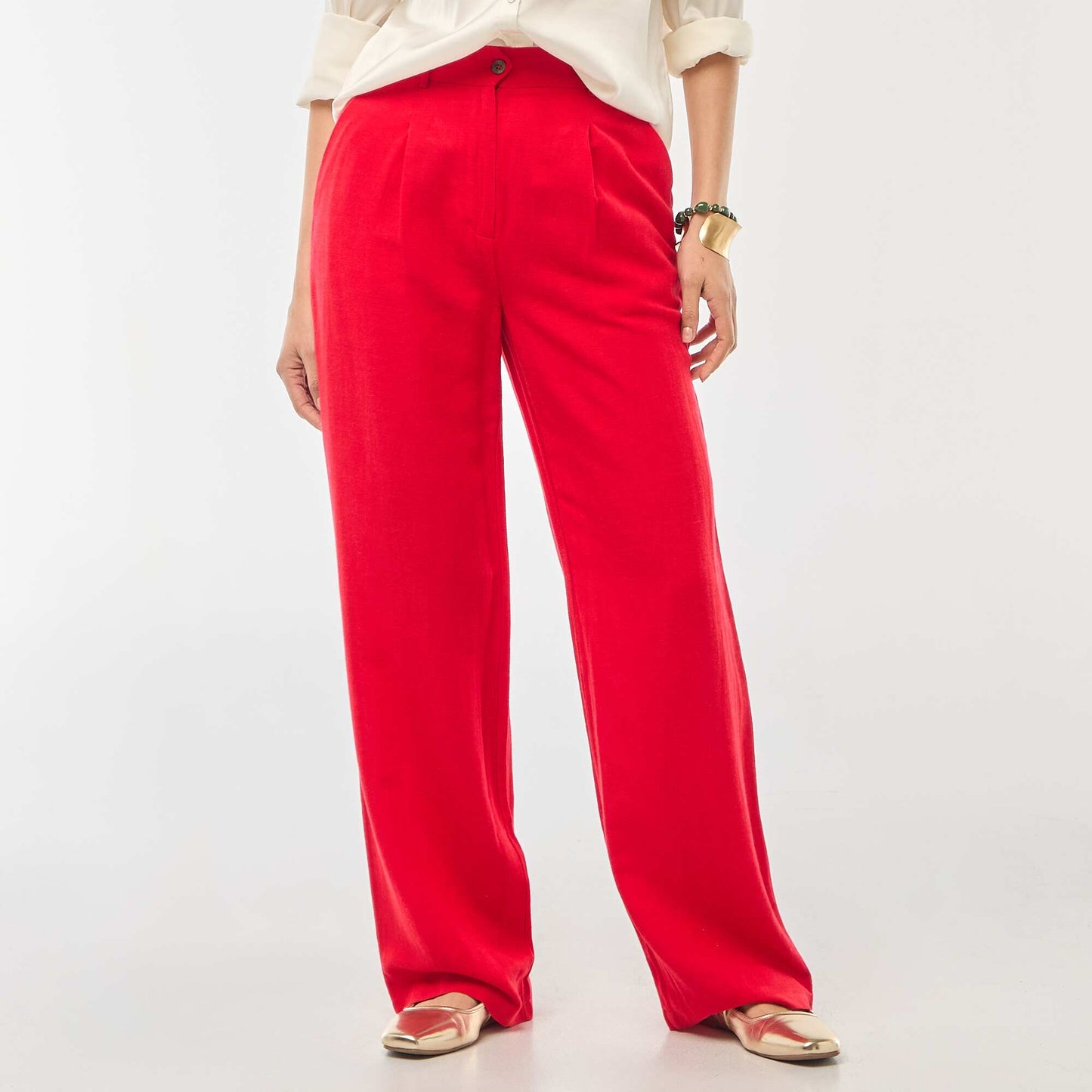 Pantalon tailleur large en coton et lin uni ROUGE
