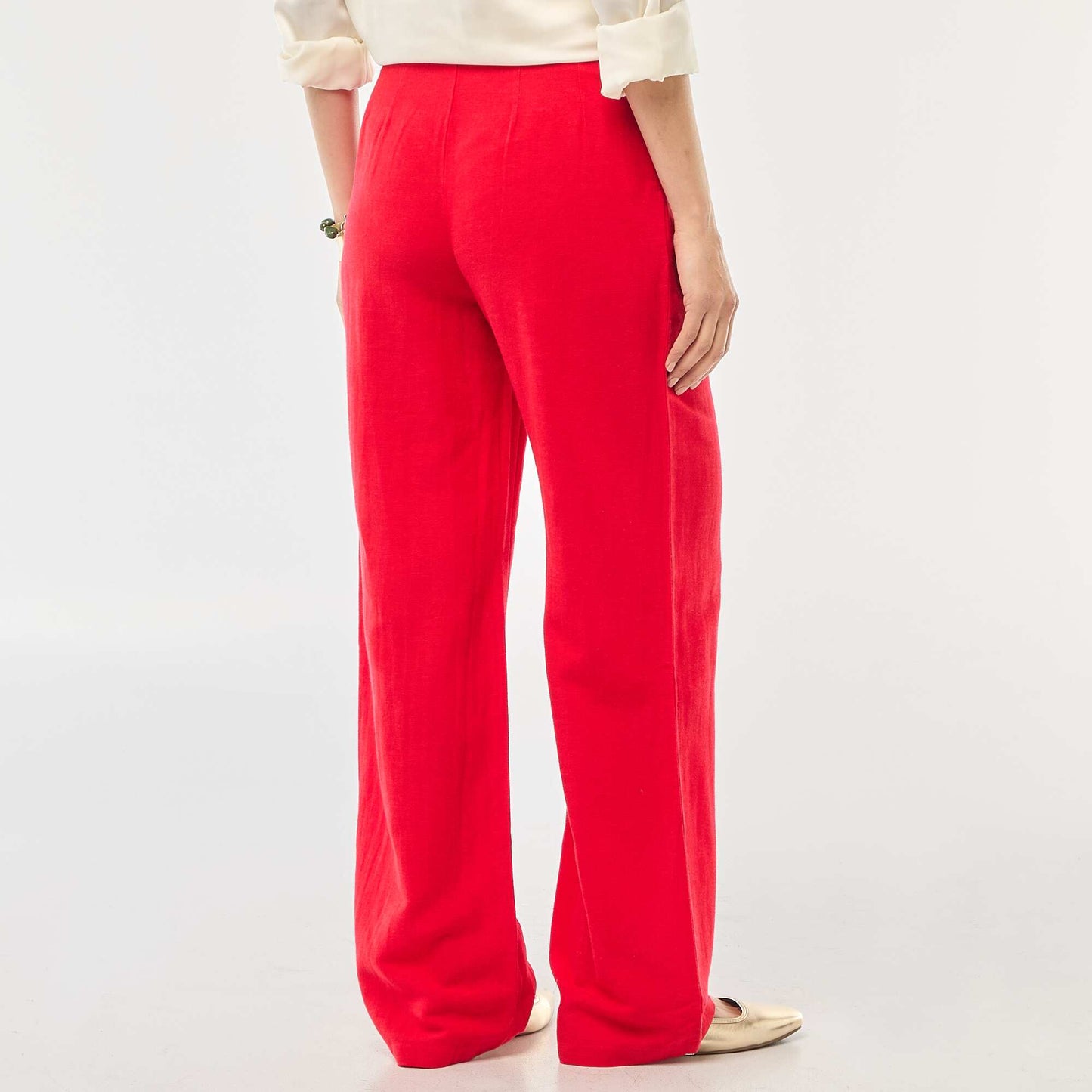 Pantalon tailleur large en coton et lin uni ROUGE