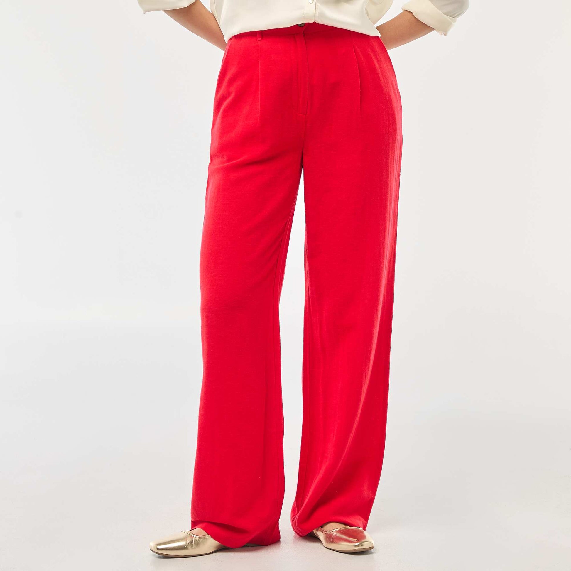 Pantalon tailleur large en coton et lin uni ROUGE