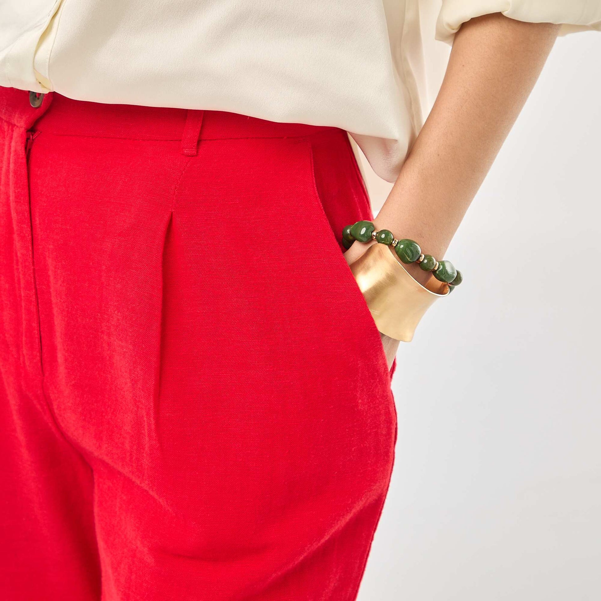 Pantalon tailleur large en coton et lin uni ROUGE