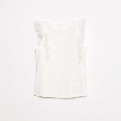 T-shirt coton avec manches volants en tulle BLANC