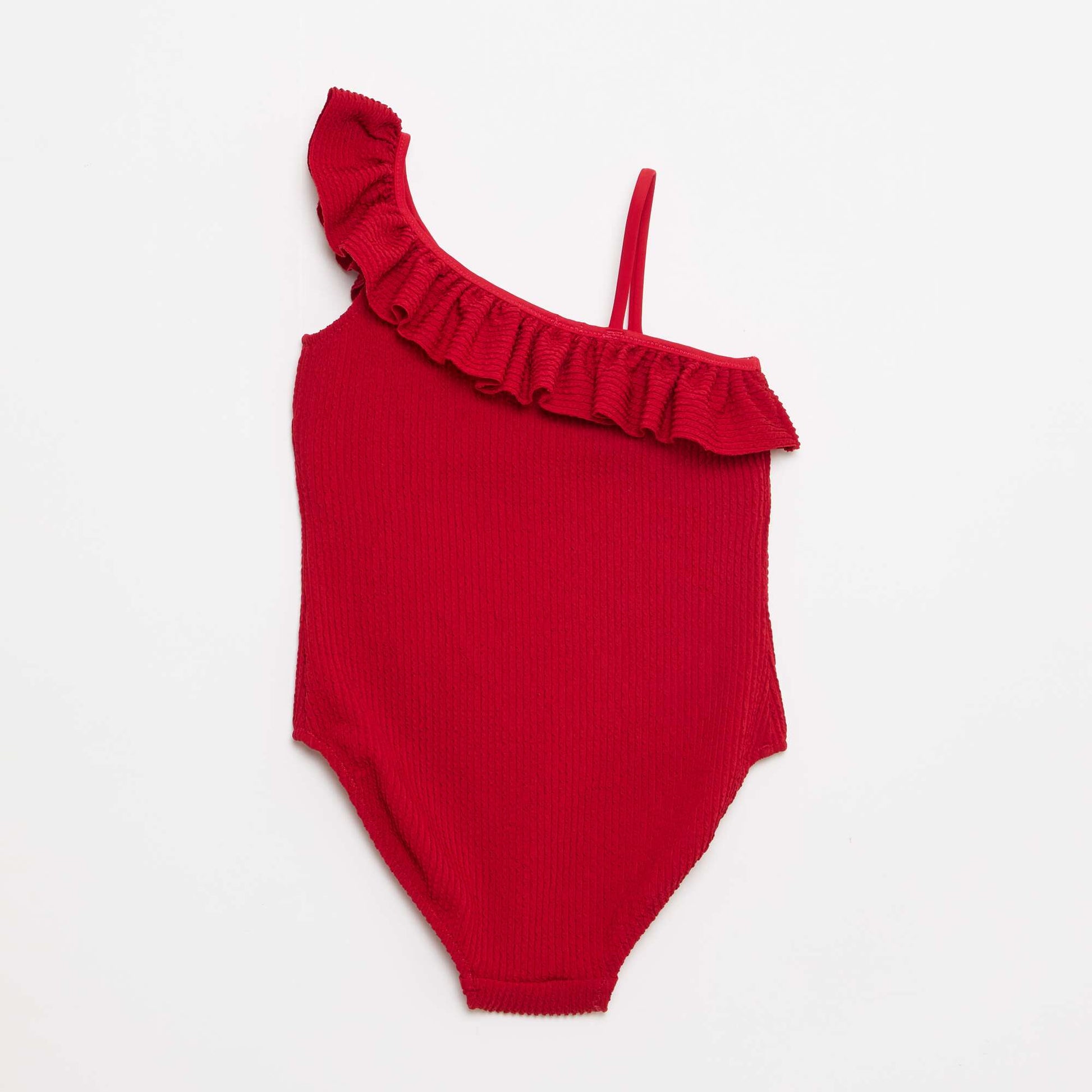 Maillot de bain 1 pièce avec bretelles sur une épaule et volants ROUGE