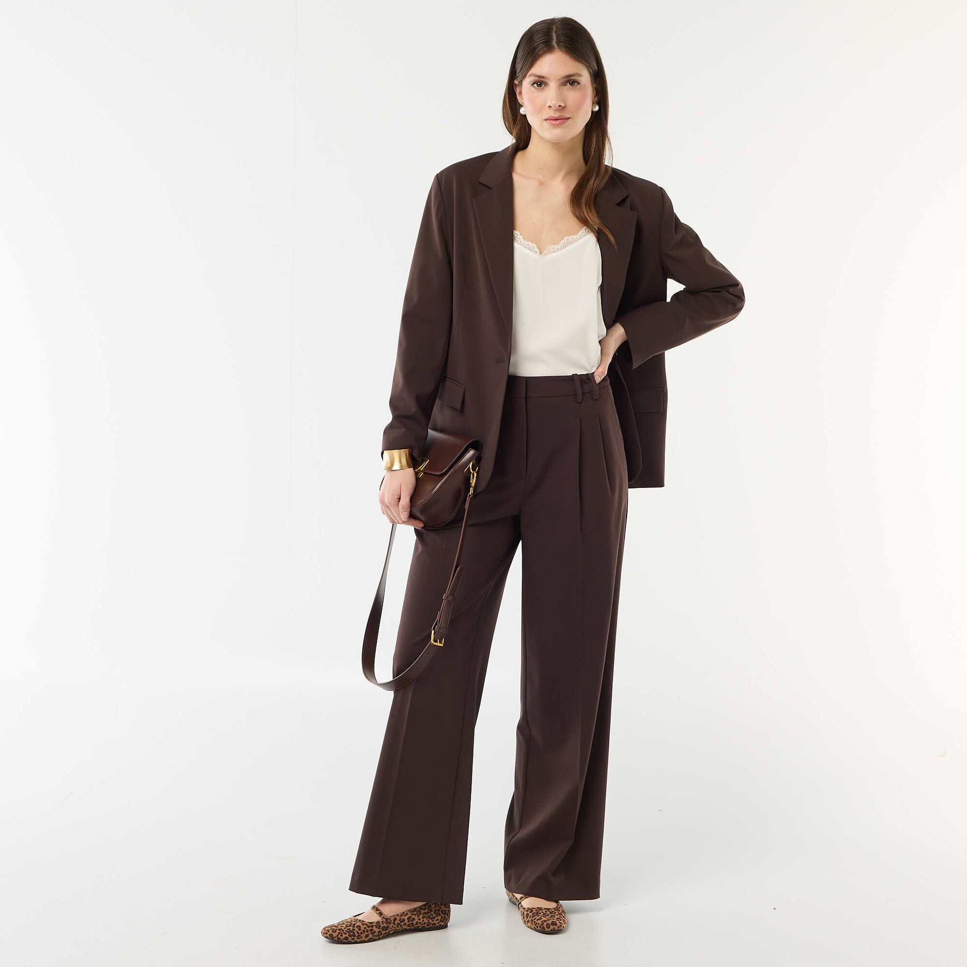 Pantalon large taille haute à 5 poches MARRON