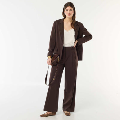 Pantalon large taille haute à 5 poches MARRON