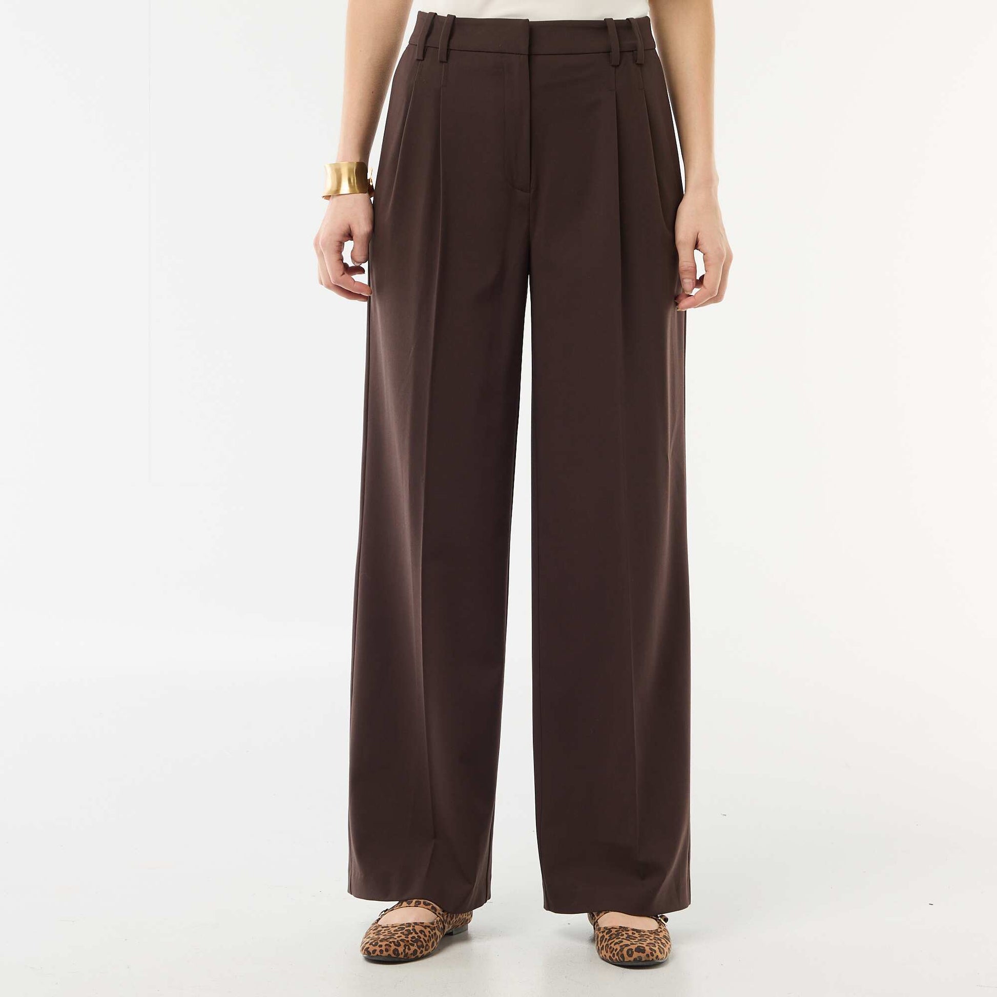 Pantalon large taille haute à 5 poches MARRON
