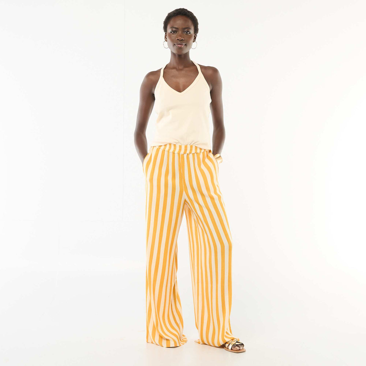 Pantalon femme droit en tissu léger à taille élastiquée JAUNE