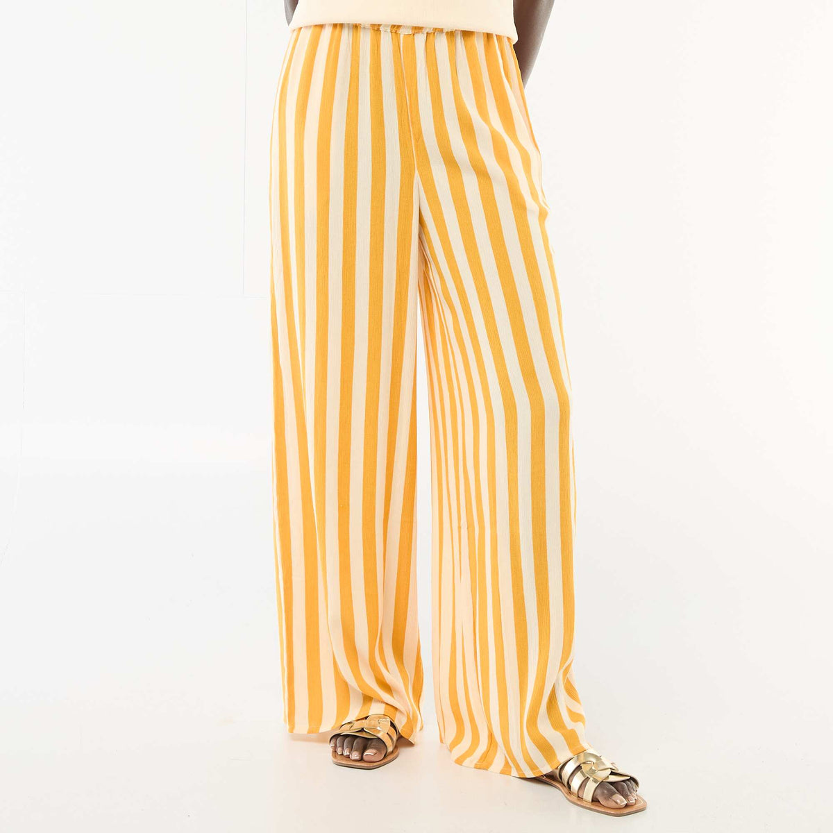 Pantalon femme droit en tissu léger à taille élastiquée JAUNE