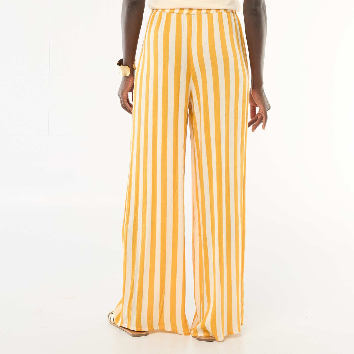 Pantalon femme droit en tissu léger à taille élastiquée JAUNE