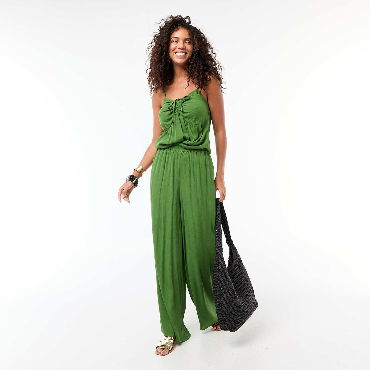 Pantalon droit fantaisie femme en tissu léger à taille élastiquée VERT