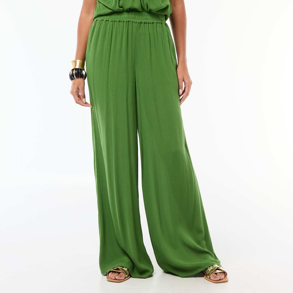 Pantalon droit fantaisie femme en tissu léger à taille élastiquée VERT