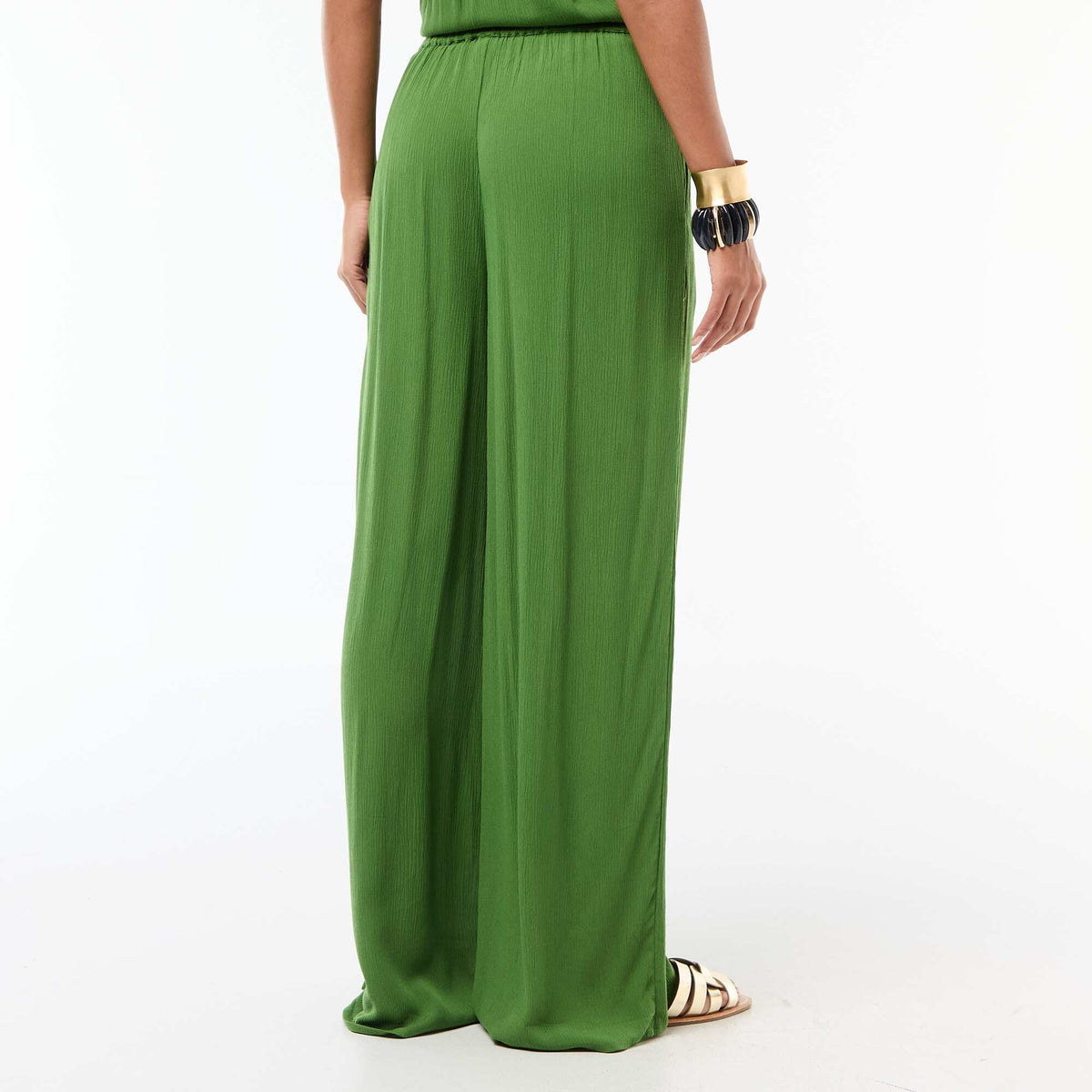 Pantalon droit fantaisie femme en tissu léger à taille élastiquée VERT