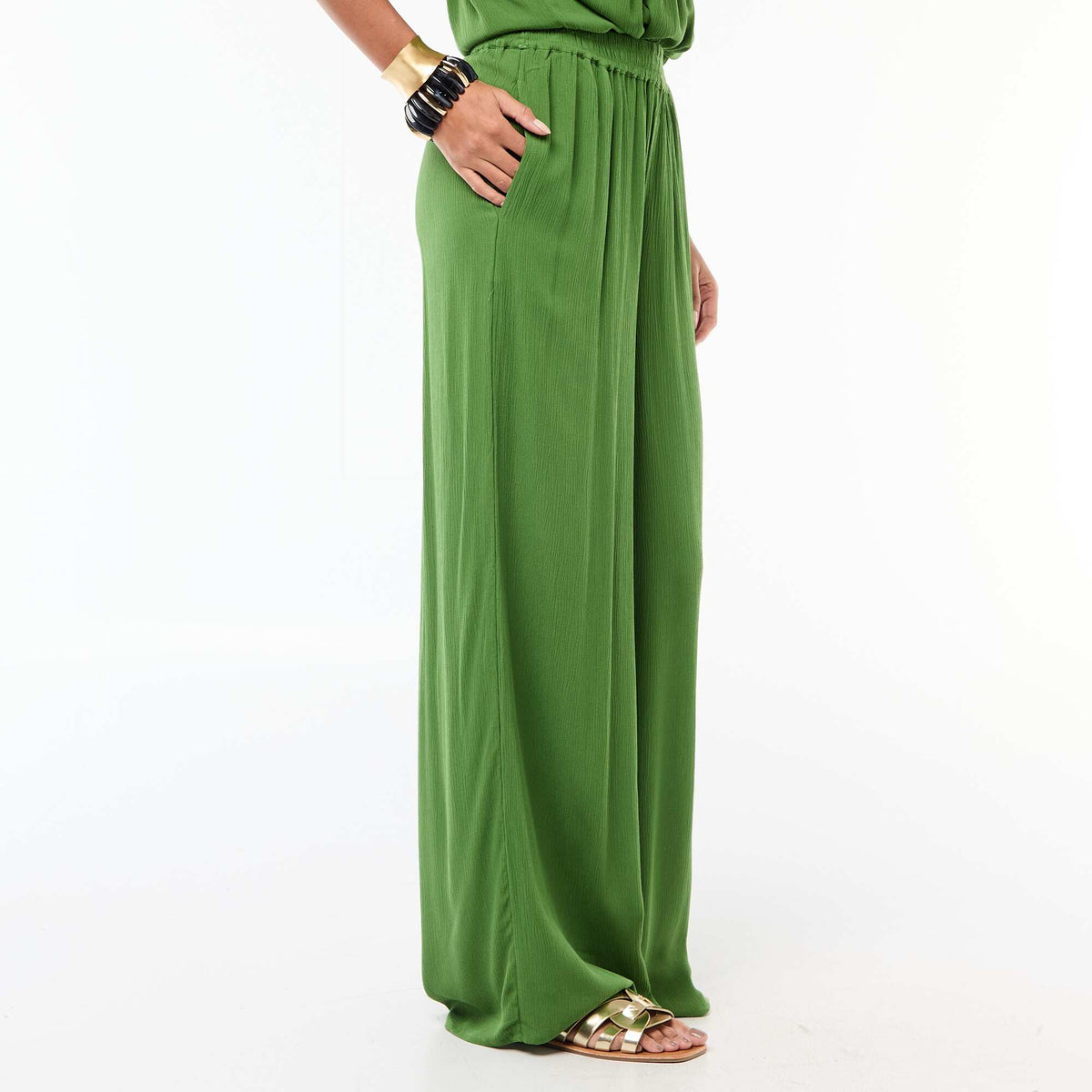 Pantalon droit fantaisie femme en tissu léger à taille élastiquée VERT
