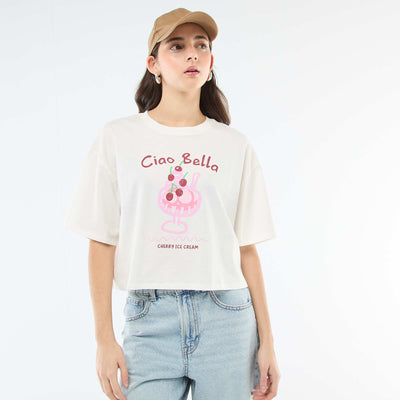 Tee-shirt oversize cropped imprimé BLANC