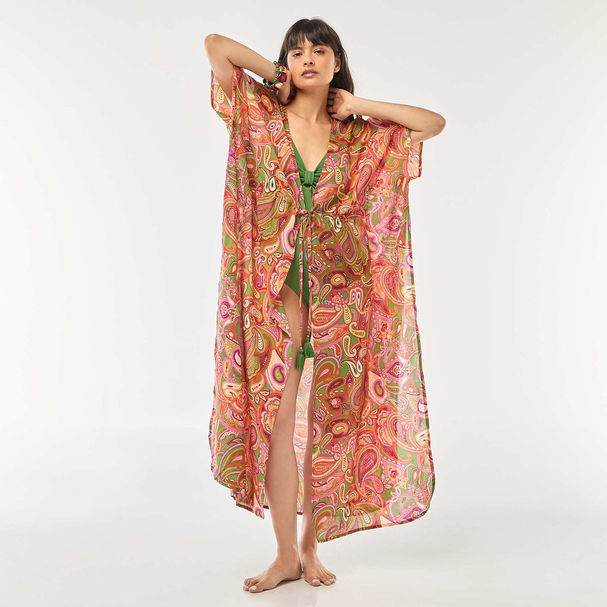 Robe de plage longue imprimée cachemire VERT/ROSE