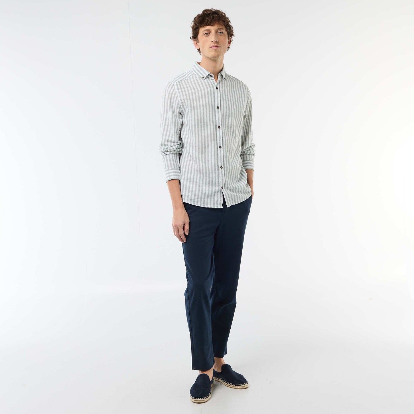 Chemise en lin et coton rayée VERT