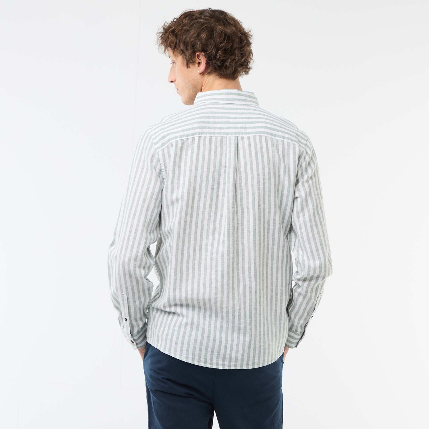 Chemise en lin et coton rayée VERT