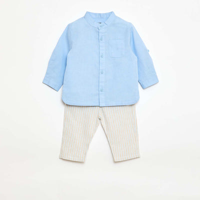 Ensemble chemise + pantalon en lin mélangé - 2 pièces BLEU