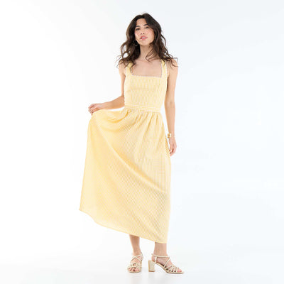 Robe longue maille gaufrée à bretelles croisées JAUNE