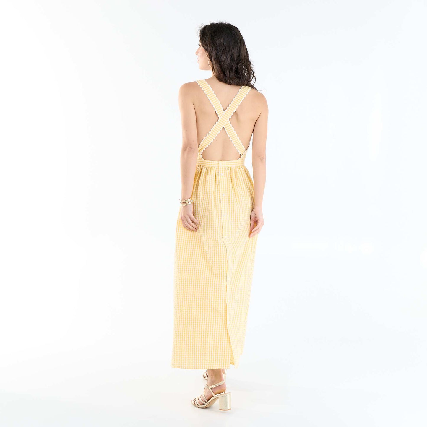 Robe longue maille gaufrée à bretelles croisées JAUNE