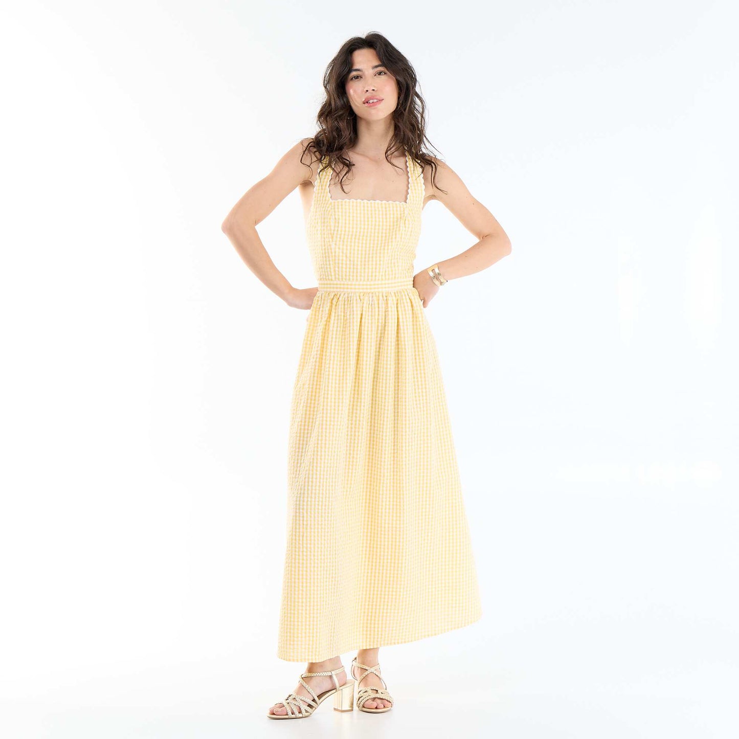 Robe longue maille gaufrée à bretelles croisées JAUNE
