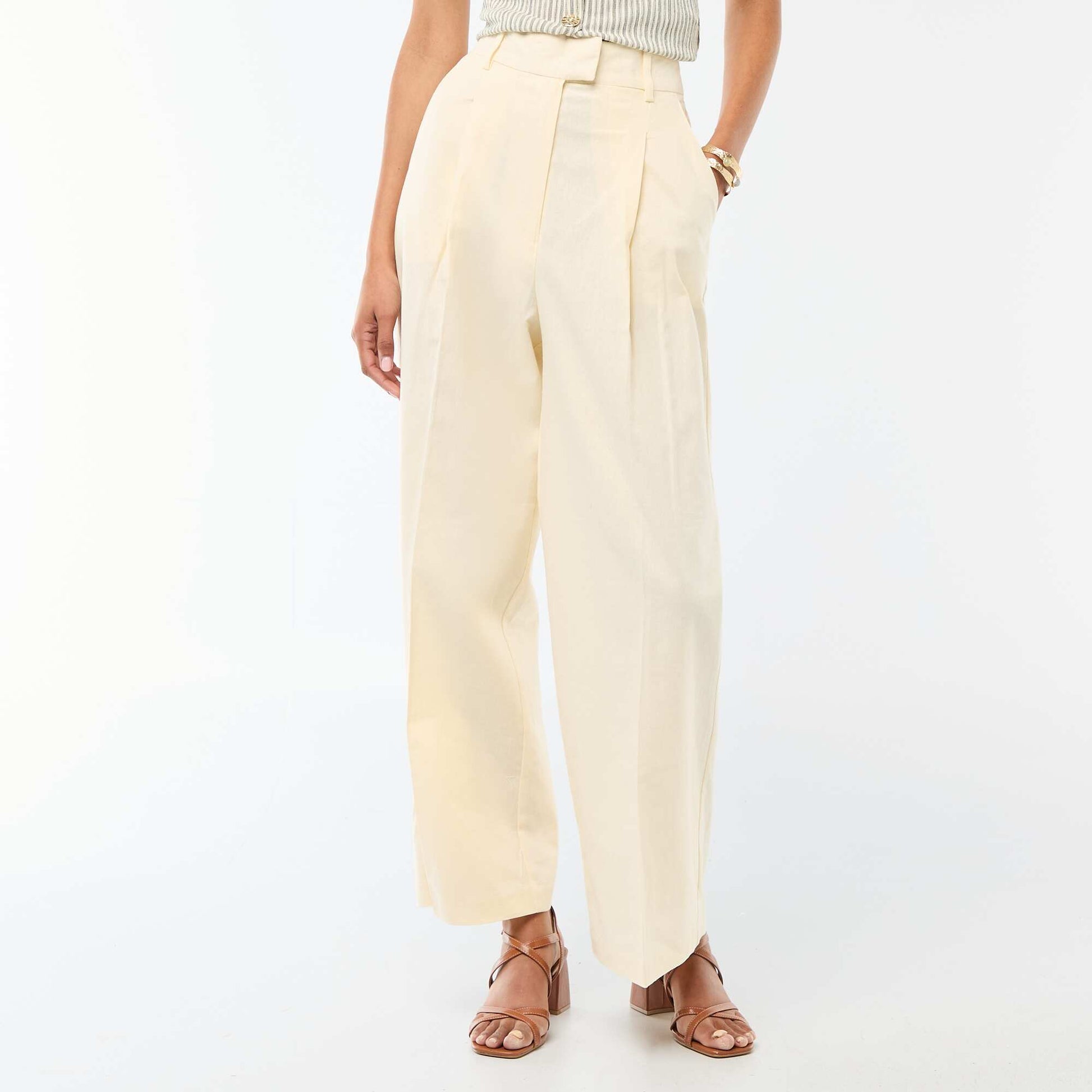 Pantalon large de cérémonie en lin mélangé BEIGE