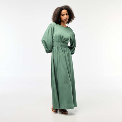 Robe longue satinée manches ballon VERT