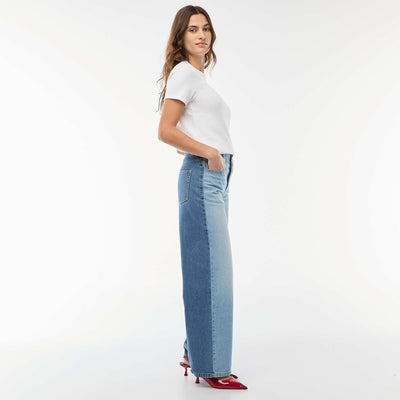 Jean taille haute wide leg bicolore BLEU