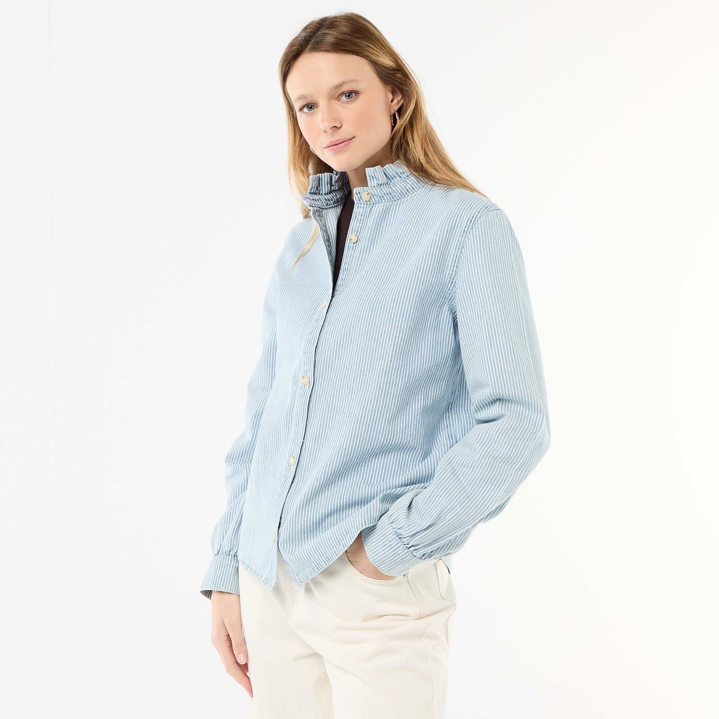 Blouse en denim avec col volanté BLEU