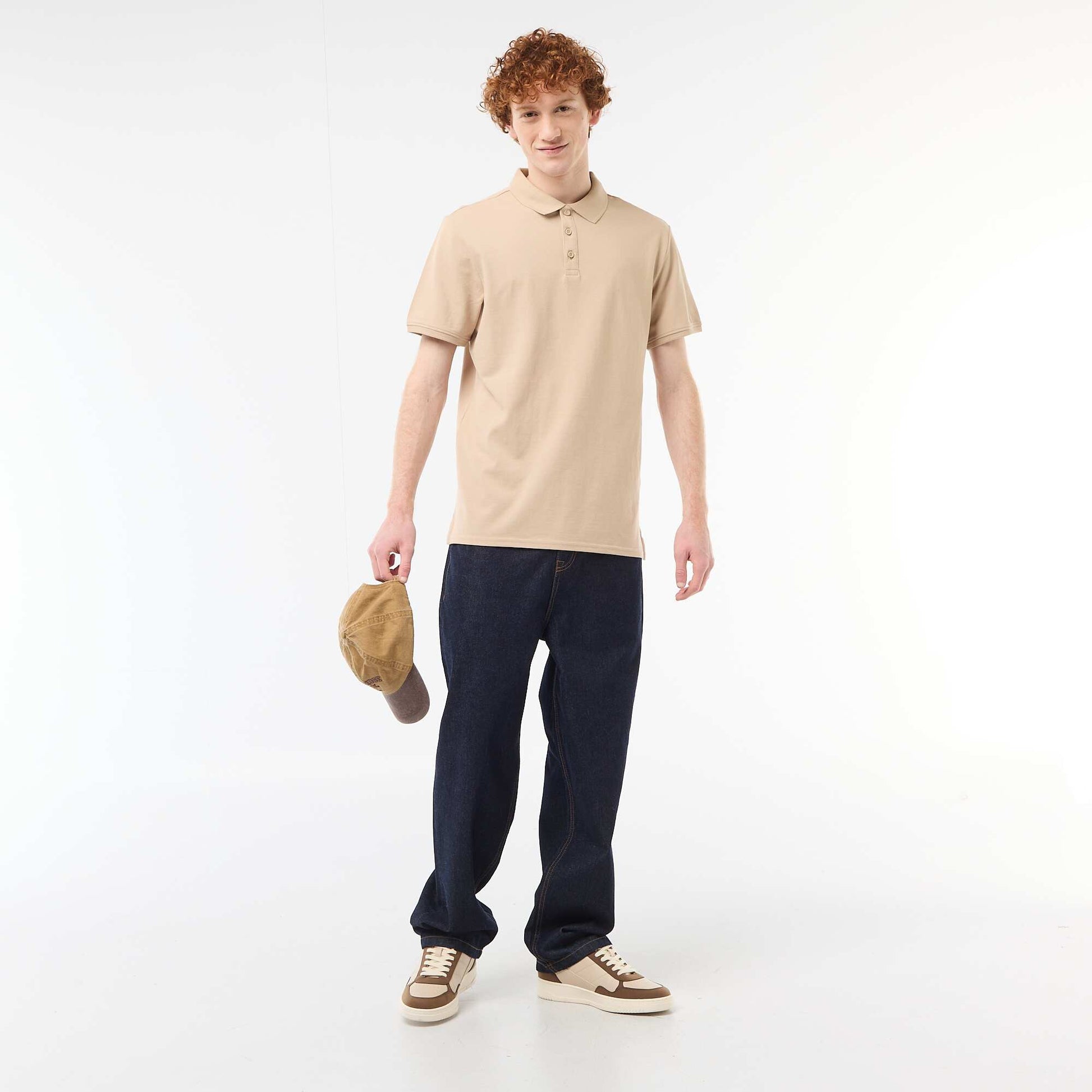 Polo uni manches courtes en coton BEIGE