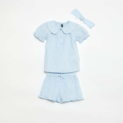Ensemble 3 pièces tunique + short + bandeau en vichy BLEU CIEL