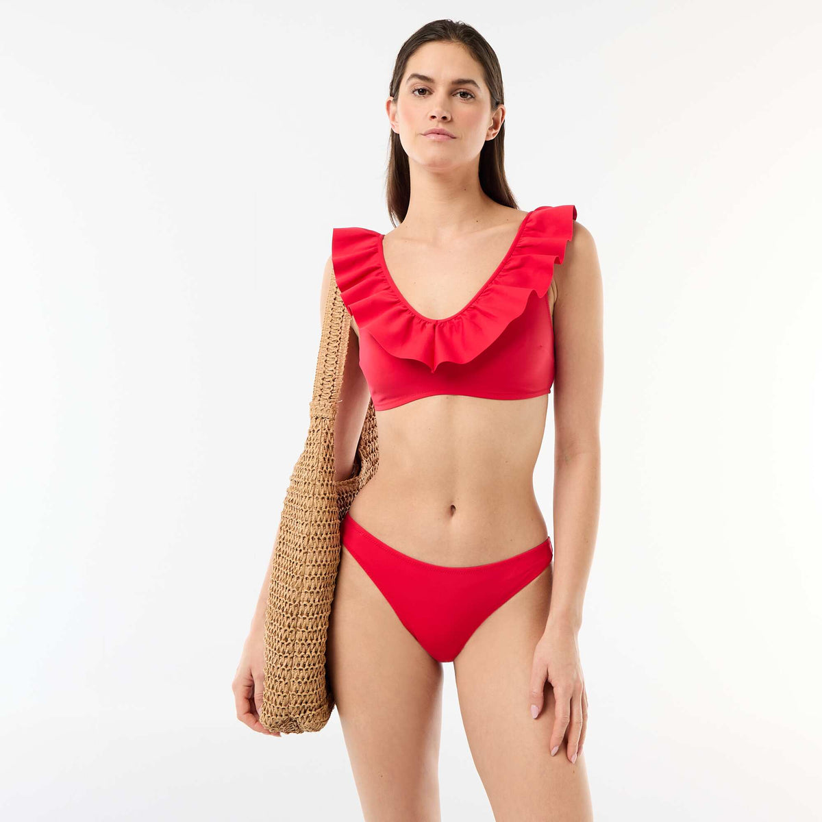 Soutien-gorge de bain volanté en microfibre souple ROUGE