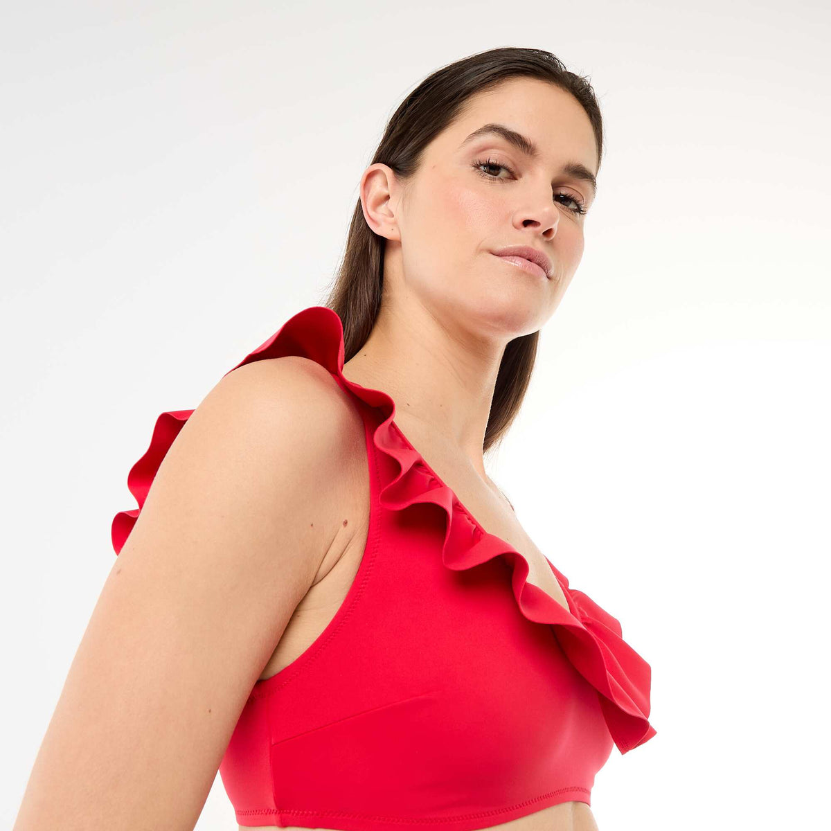 Soutien-gorge de bain volanté en microfibre souple ROUGE