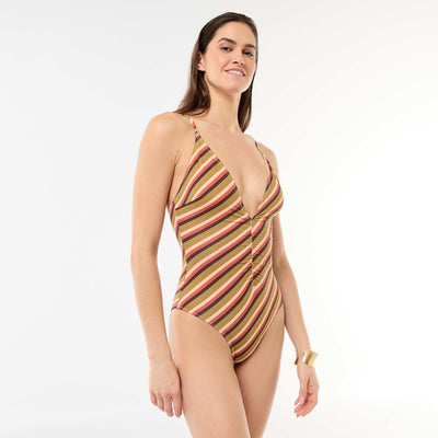 Maillot de bain 1 pièce plongeant avec bijou VERT