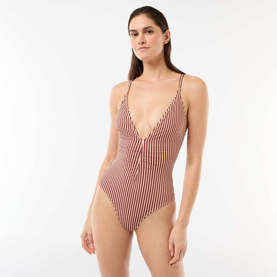 Maillot de bain 1 pièce plongeant avec bijou ROUGE