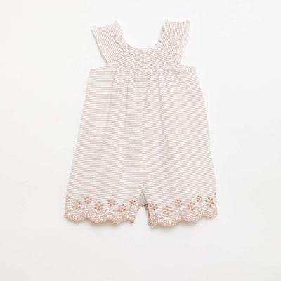 Combinaison short rayée en seersucker avec smock et broderies BEIGE