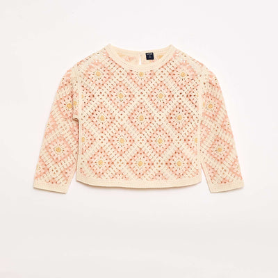 Pull en maille ajourée avec broderies fleurs ROSE