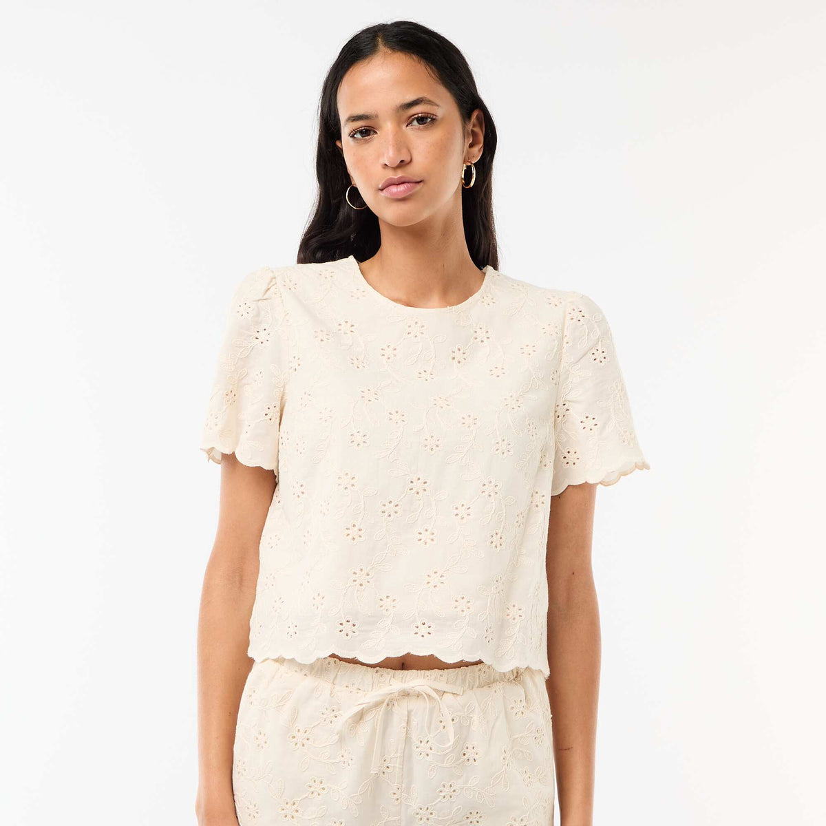 Top manches courtes broderies anglaises en coton uni BEIGE