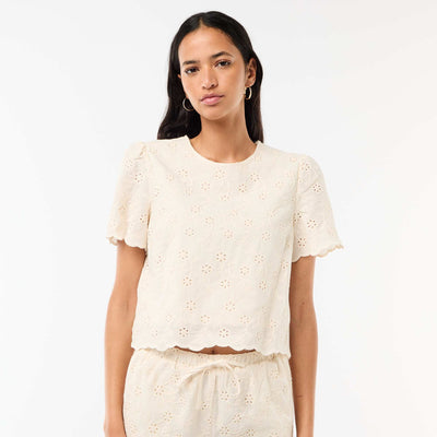 Top manches courtes broderies anglaises en coton uni BEIGE