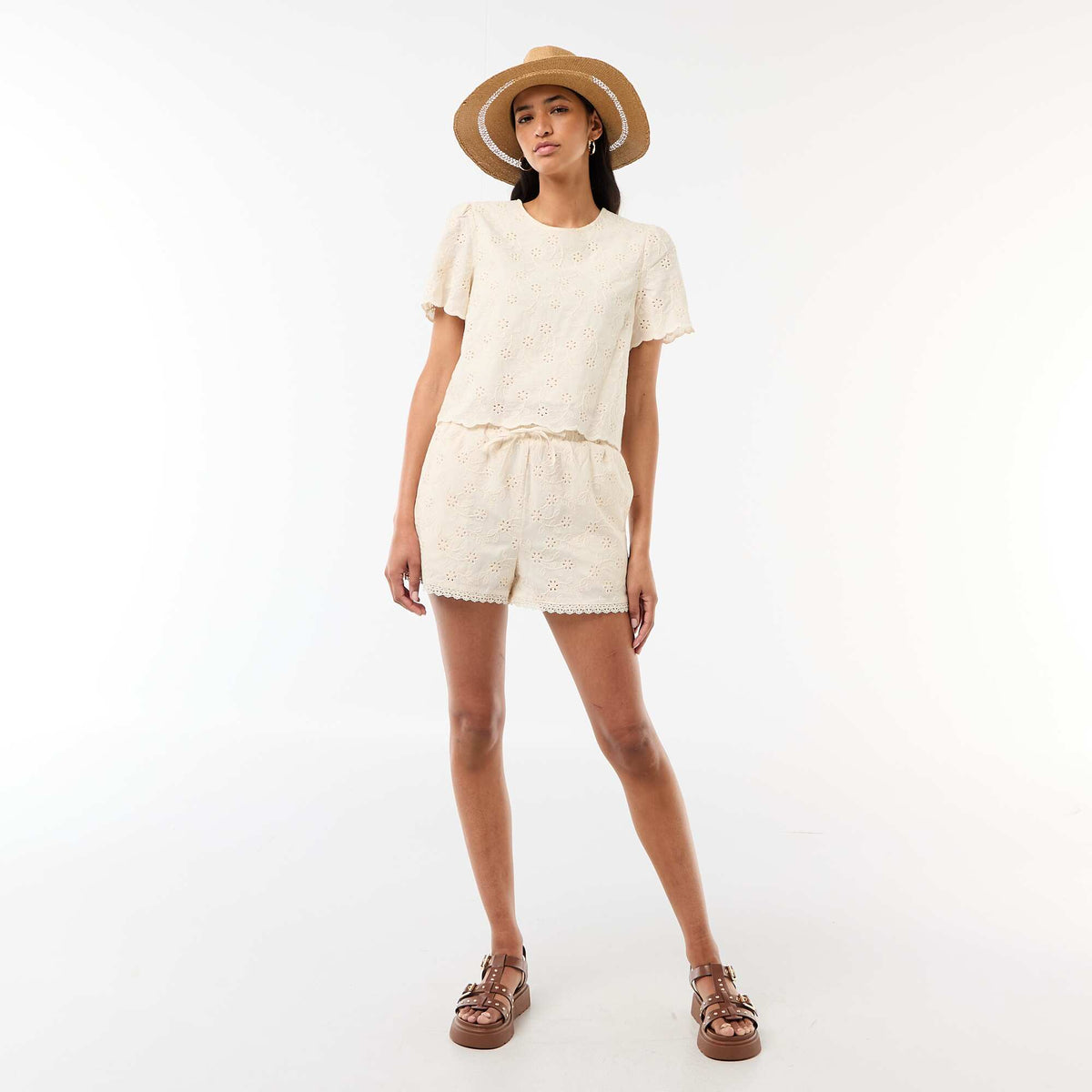 Top manches courtes broderies anglaises en coton uni BEIGE