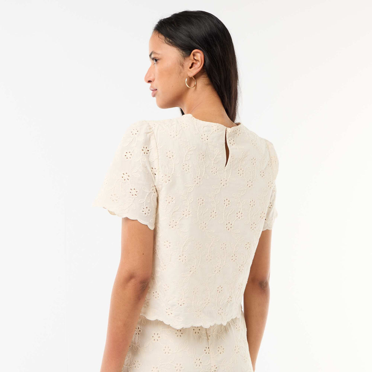 Top manches courtes broderies anglaises en coton uni BEIGE