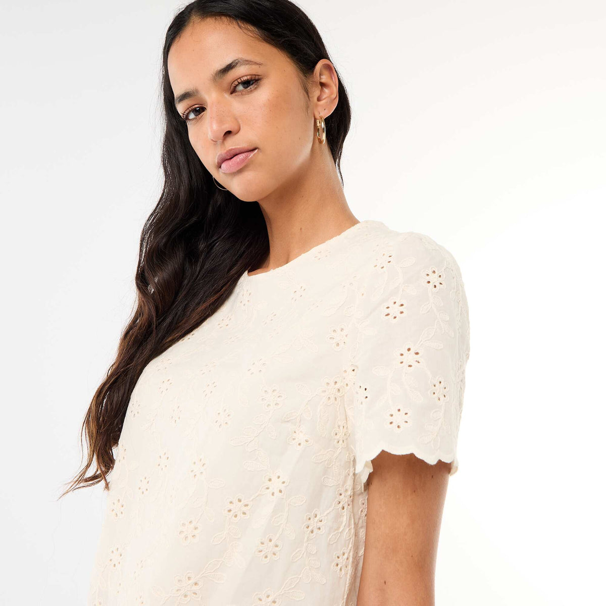 Top manches courtes broderies anglaises en coton uni BEIGE