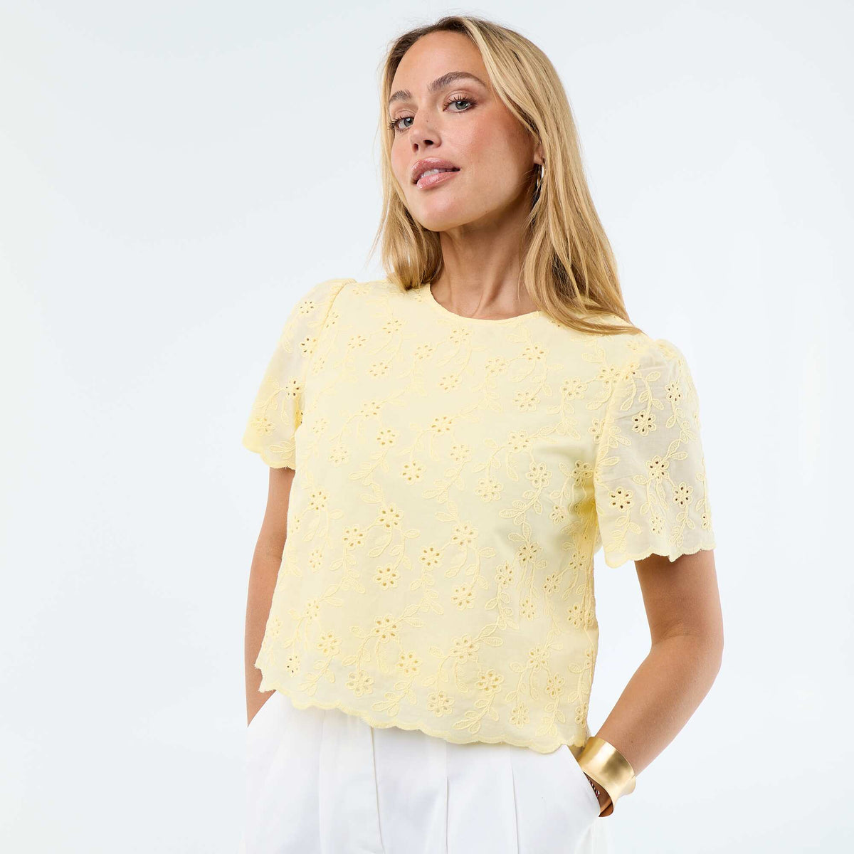 Top manches courtes broderies anglaises en coton uni JAUNE