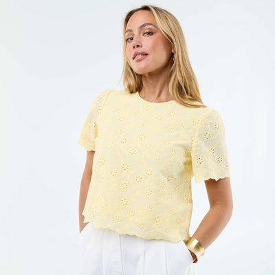 Top manches courtes broderies anglaises en coton uni JAUNE