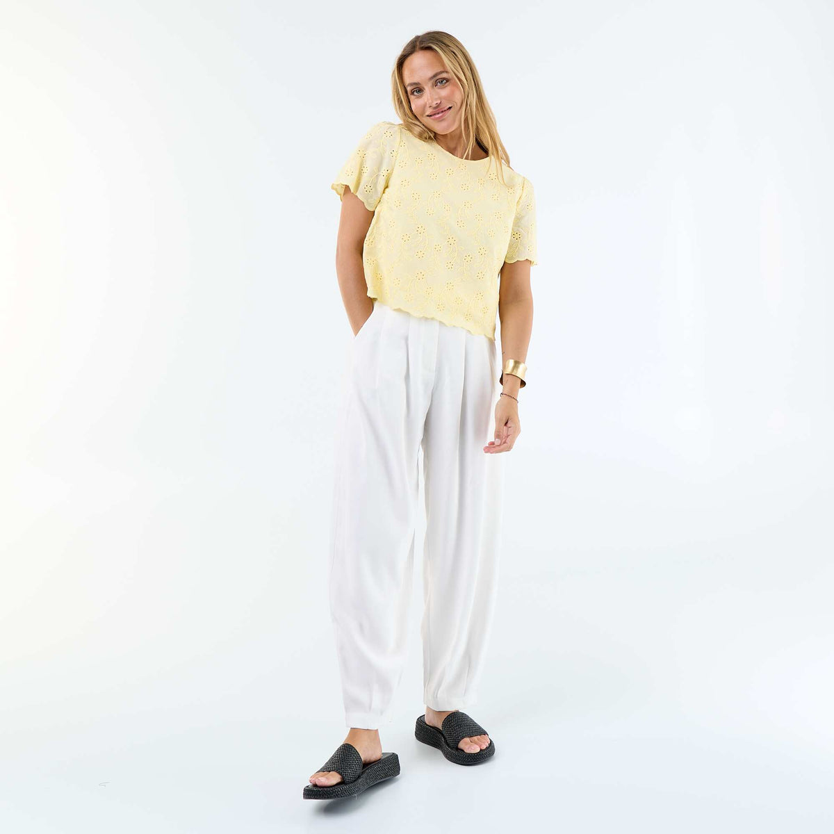 Top manches courtes broderies anglaises en coton uni JAUNE