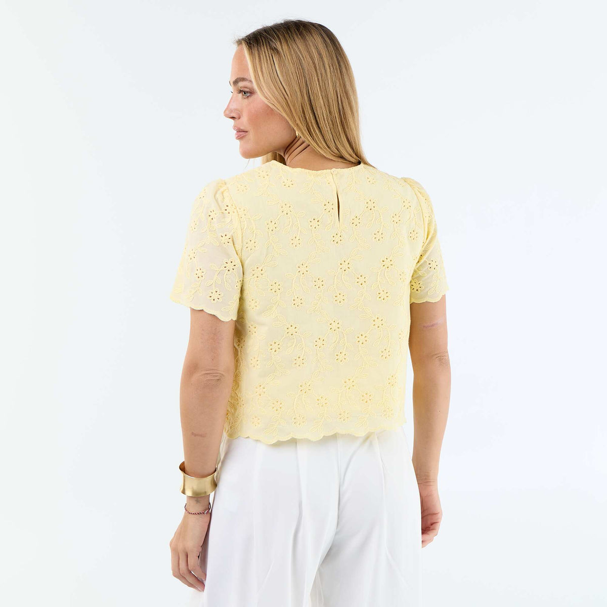 Top manches courtes broderies anglaises en coton uni JAUNE