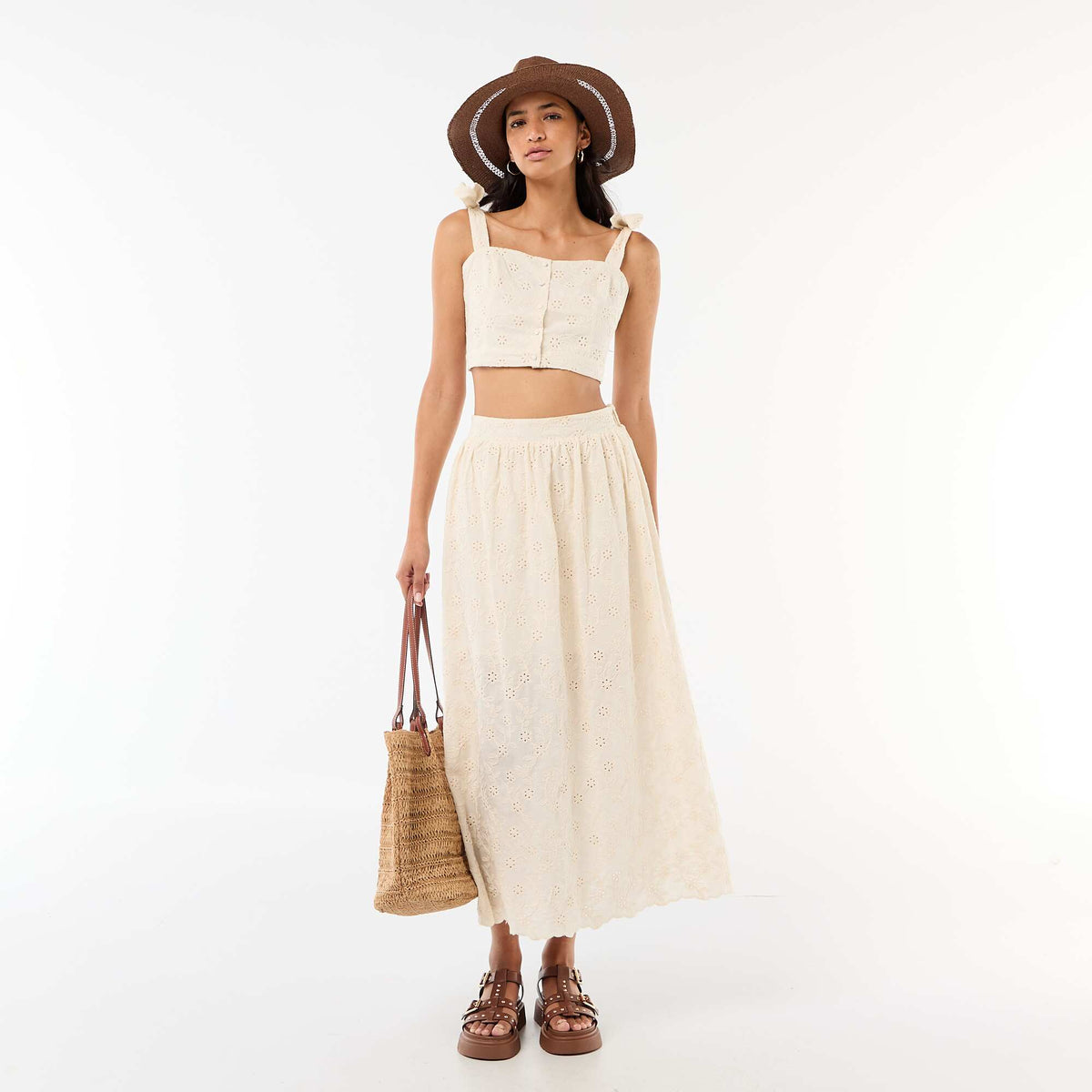 Jupe longue avec broderie anglaise BEIGE